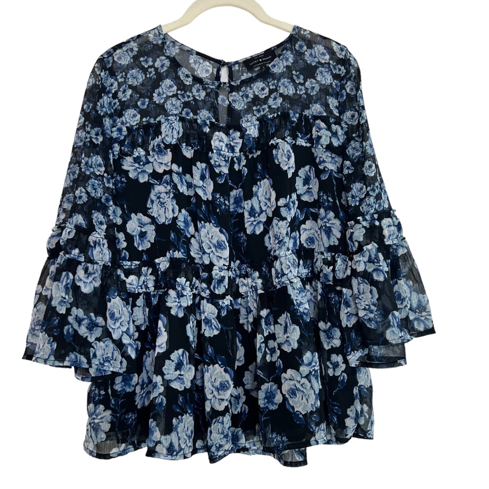 Lucky Brand Womens Chiffon Blouse Large Blue Floral Short Tiered Bell Sleeves